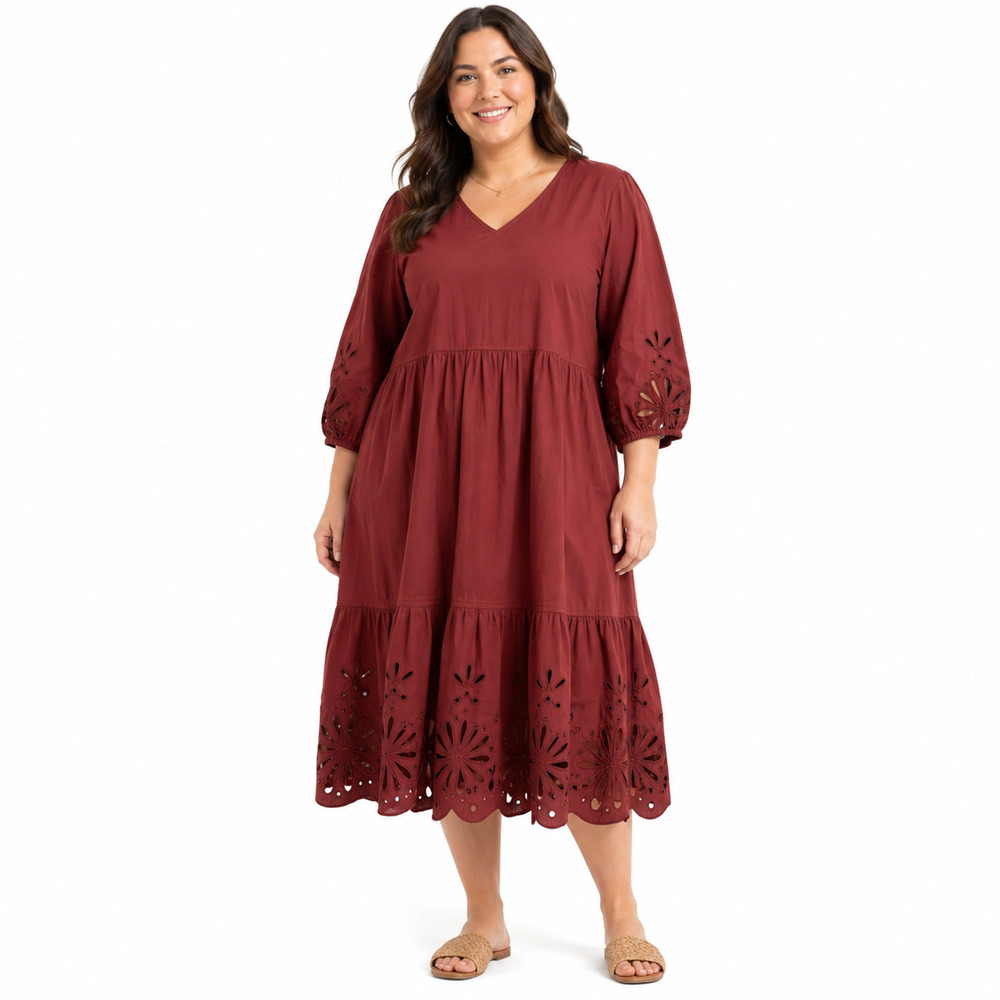 Chicos Cotton Poplin Eyelet Midi Long Sleeve V-Neck Dress Rust Brown sz 2.5 / 14